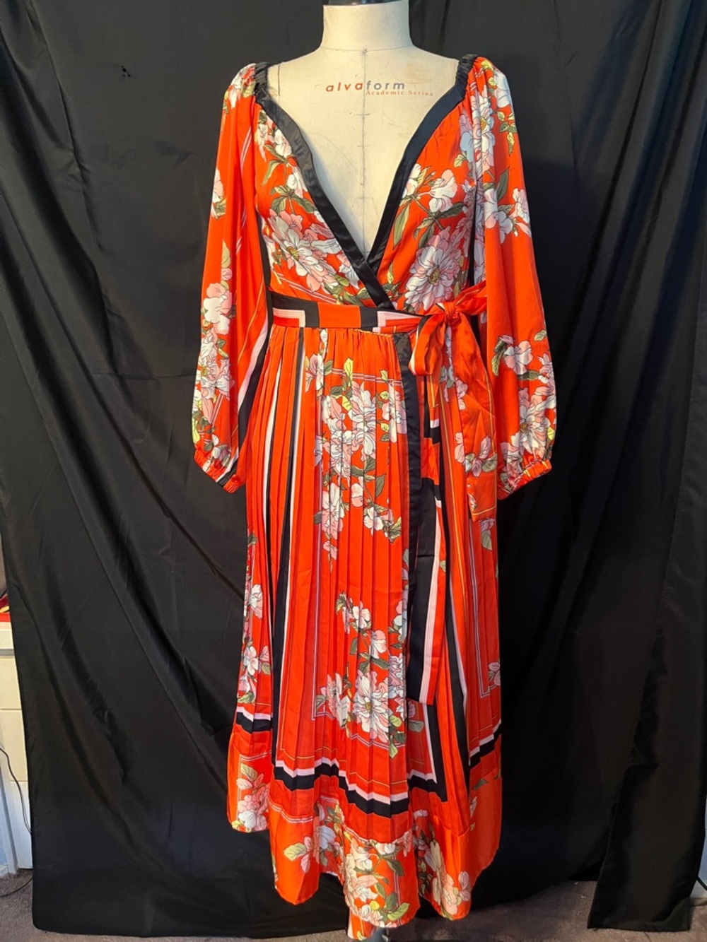 Vibrant Orange Floral Wrap Midi Dress
